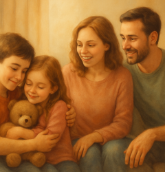 Familia unida mostrando una relación positiva entre co-padres para el bienestar de los hijos