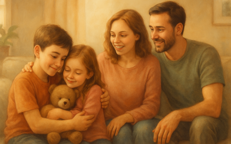 Familia unida mostrando una relación positiva entre co-padres para el bienestar de los hijos