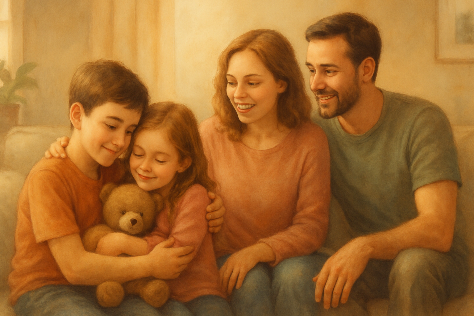 Familia unida mostrando una relación positiva entre co-padres para el bienestar de los hijos