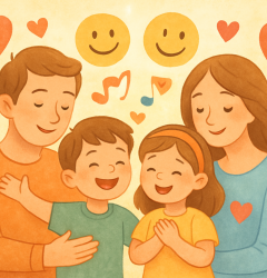 Familia feliz planificando vacaciones juntos - custodia compartida