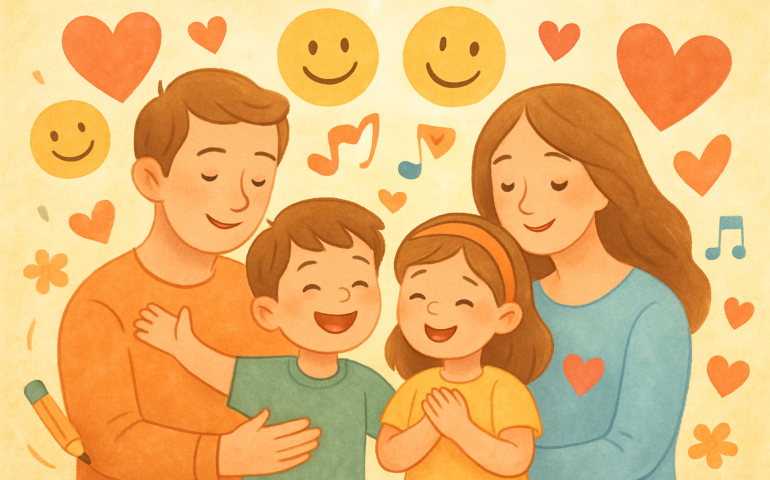 Familia feliz planificando vacaciones juntos - custodia compartida