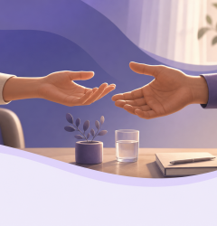 Mediación familiar en el divorcio con hijos - manos de dos adultos en una sesión de mediación, fondo morado con formas orgánicas