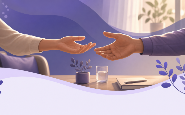 Mediación familiar en el divorcio con hijos - manos de dos adultos en una sesión de mediación, fondo morado con formas orgánicas