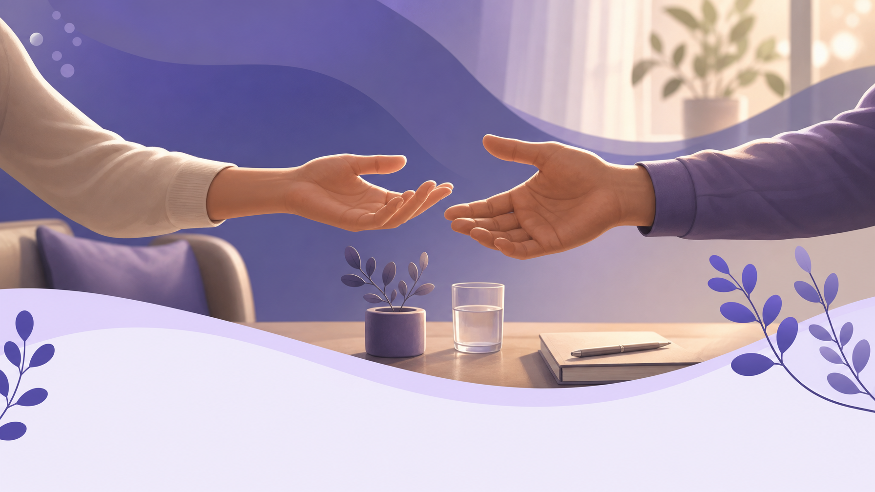 Mediación familiar en el divorcio con hijos - manos de dos adultos en una sesión de mediación, fondo morado con formas orgánicas