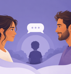 Dos progenitores comunicándose de forma tranquila con un niño en el centro, ilustración de coparentalidad positiva