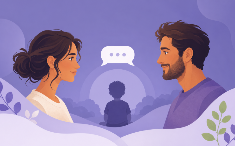Dos progenitores comunicándose de forma tranquila con un niño en el centro, ilustración de coparentalidad positiva