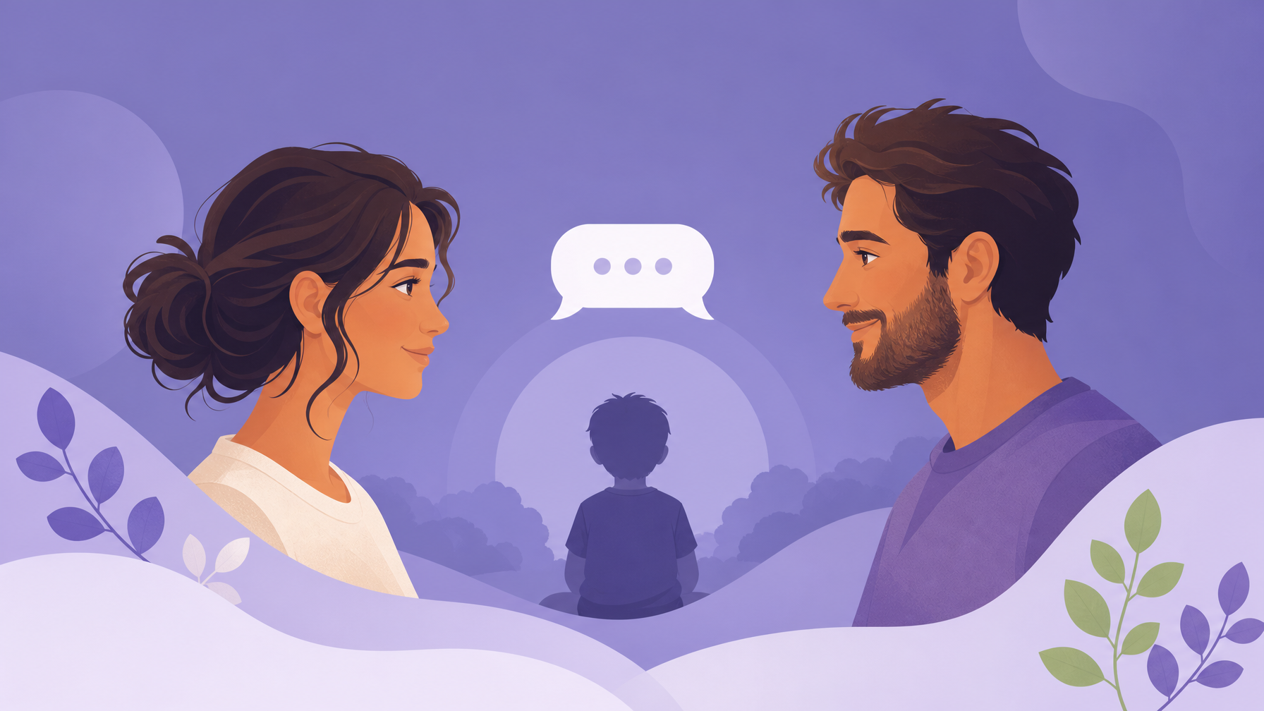 Dos progenitores comunicándose de forma tranquila con un niño en el centro, ilustración de coparentalidad positiva