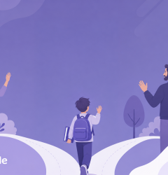 Vuelta al cole con custodia compartida: familia y material escolar en tonos morados de MiTribuApp