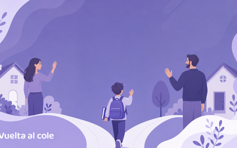 Vuelta al cole con custodia compartida: familia y material escolar en tonos morados de MiTribuApp