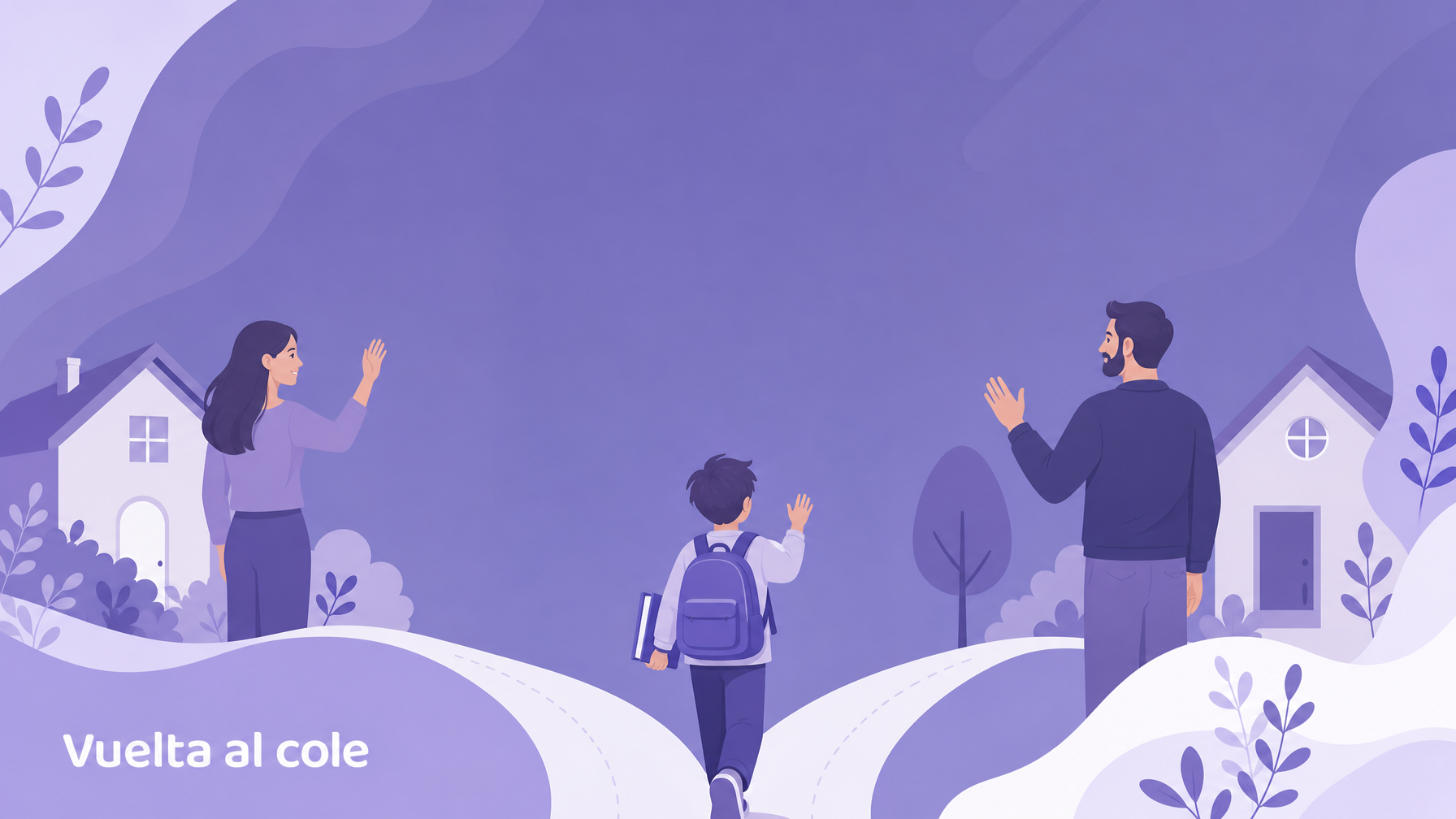 Vuelta al cole con custodia compartida: familia y material escolar en tonos morados de MiTribuApp
