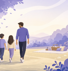 Ilustración de una familia reconstituida en un parque, estilo MiTribuApp