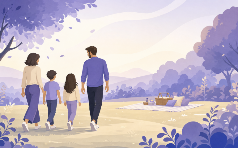 Ilustración de una familia reconstituida en un parque, estilo MiTribuApp
