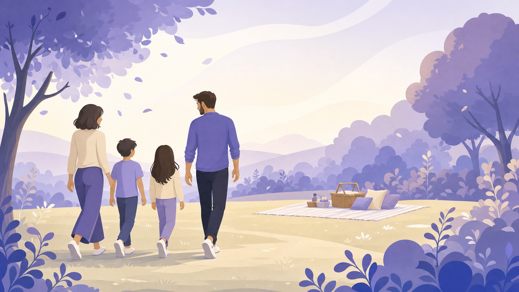 Ilustración de una familia reconstituida en un parque, estilo MiTribuApp