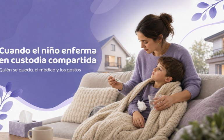 Padre o madre cuidando a un niño enfermo en un hogar de custodia compartida