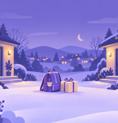 Ilustración de dos casas en invierno, maleta y regalo, estilo MiTribuApp