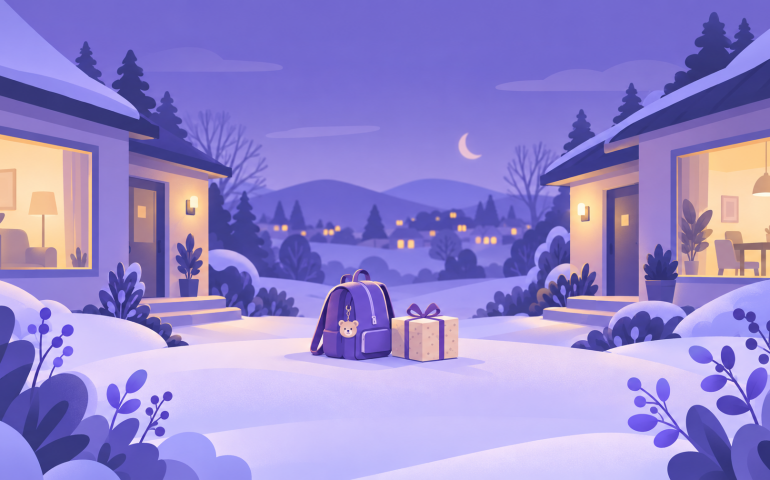Ilustración de dos casas en invierno, maleta y regalo, estilo MiTribuApp