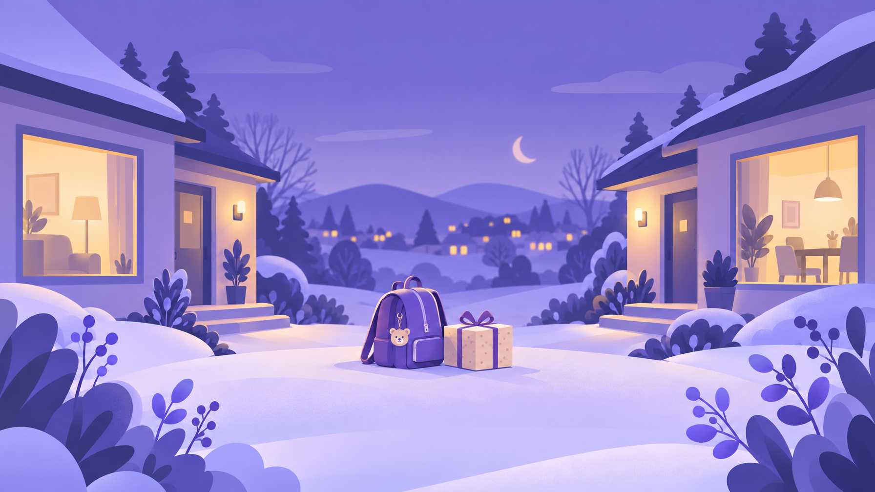 Ilustración de dos casas en invierno, maleta y regalo, estilo MiTribuApp