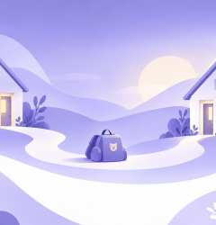 Ilustración suave de dos casas unidas por un camino, estilo MiTribuApp, sobre cambio de casa en custodia compartida