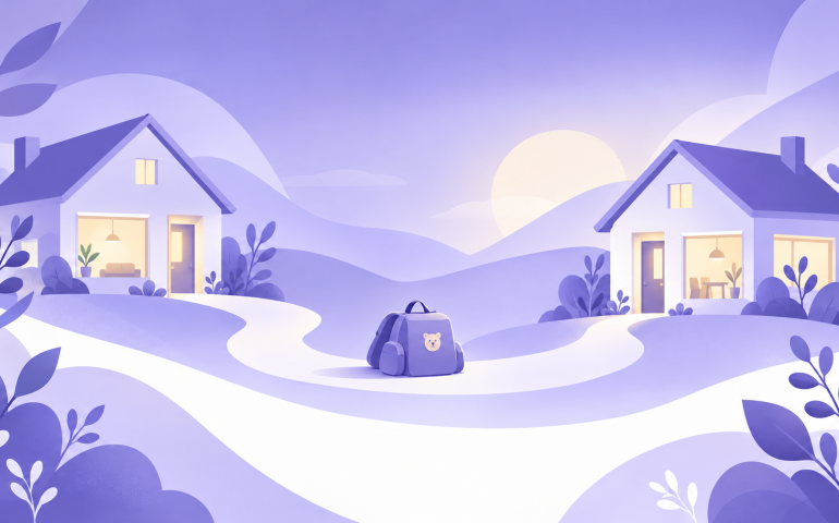 Ilustración suave de dos casas unidas por un camino, estilo MiTribuApp, sobre cambio de casa en custodia compartida
