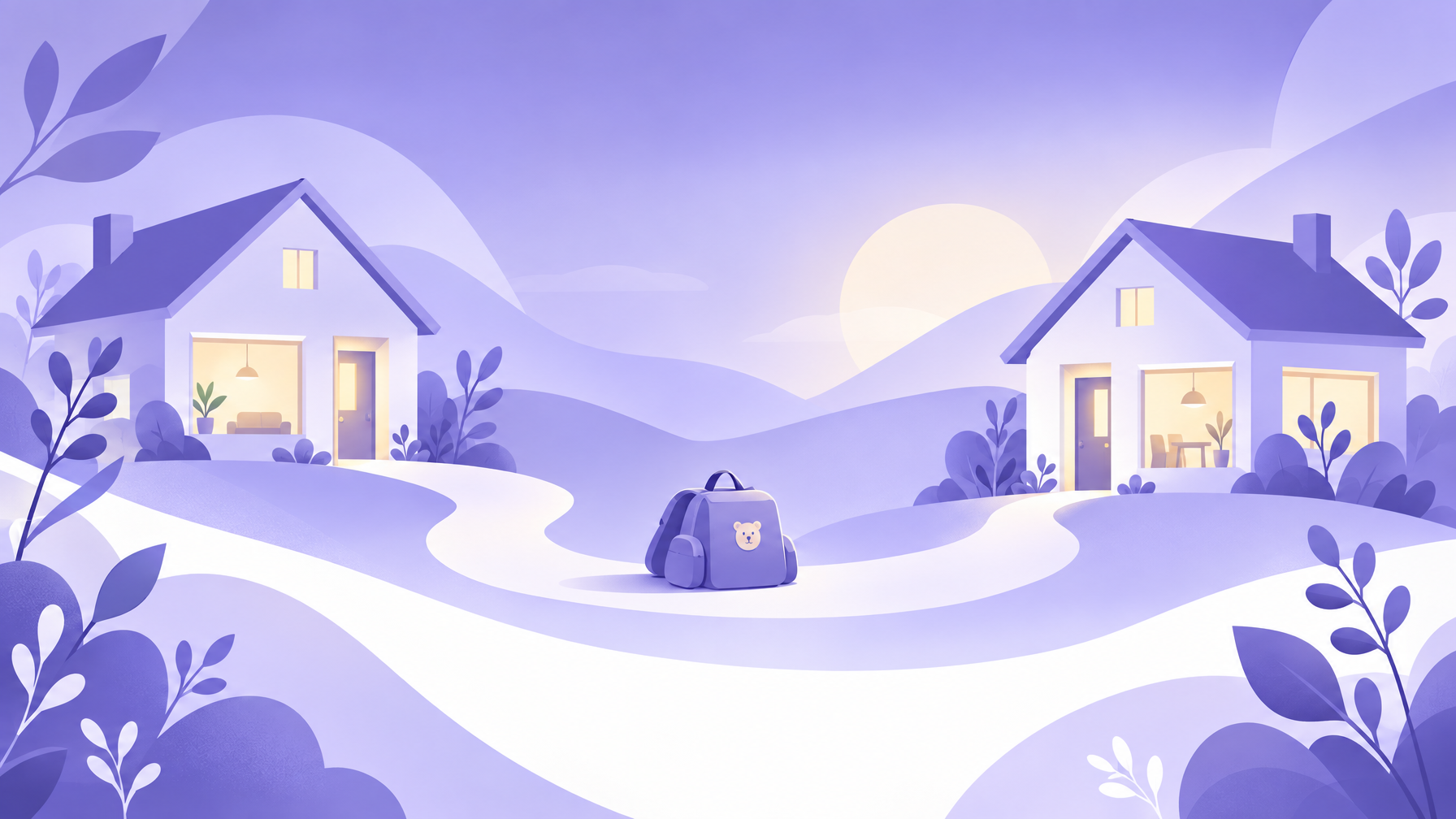 Ilustración suave de dos casas unidas por un camino, estilo MiTribuApp, sobre cambio de casa en custodia compartida
