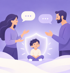 Ilustración de padres separados comunicándose con calma por el bienestar del hijo