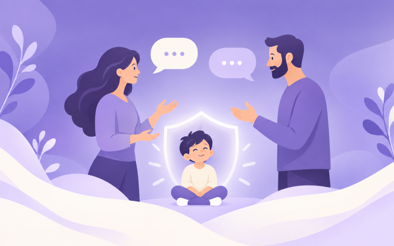 Ilustración de padres separados comunicándose con calma por el bienestar del hijo