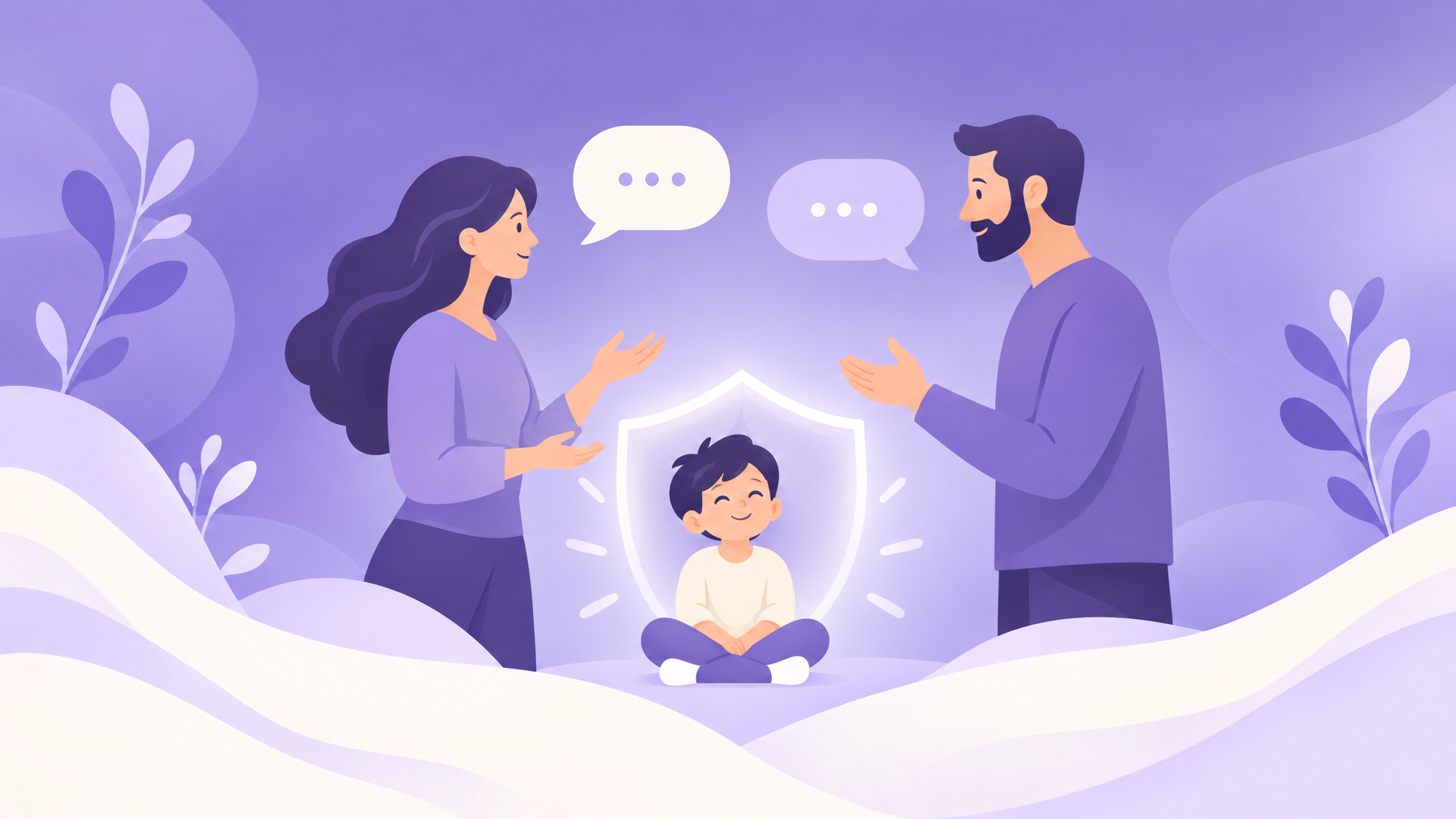 Ilustración de padres separados comunicándose con calma por el bienestar del hijo