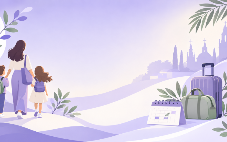 Ilustración suave en tonos morados sobre Semana Santa y custodia compartida