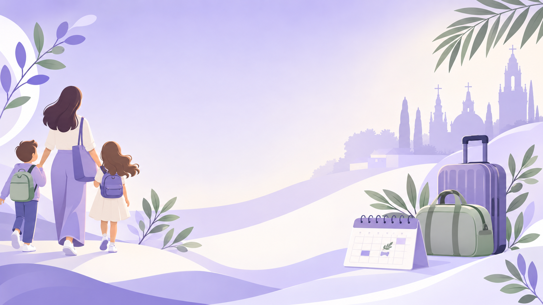Ilustración suave en tonos morados sobre Semana Santa y custodia compartida